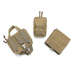 Three tactical military pouches in a tan color, designed for outdoor activities and utility uses.
