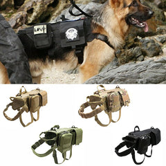 Tactical military dog harness in multiple colors, featuring storage bags and adjustable straps, suitable for all seasons.