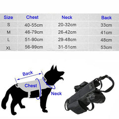 Size chart for tactical military dog harness showing measurements for chest, neck, and back in cm for various sizes.