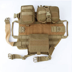 Tactical military dog harness made of durable nylon with pouches, designed for all seasons and versatile use.