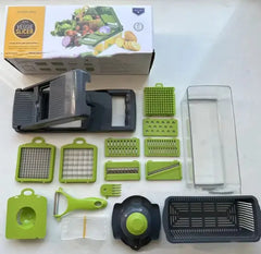 Vegetable chopper with multiple cutting functions for ease.
