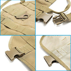 Close-up details of a tactical military dog harness featuring sturdy nylon straps and plastic buckles.